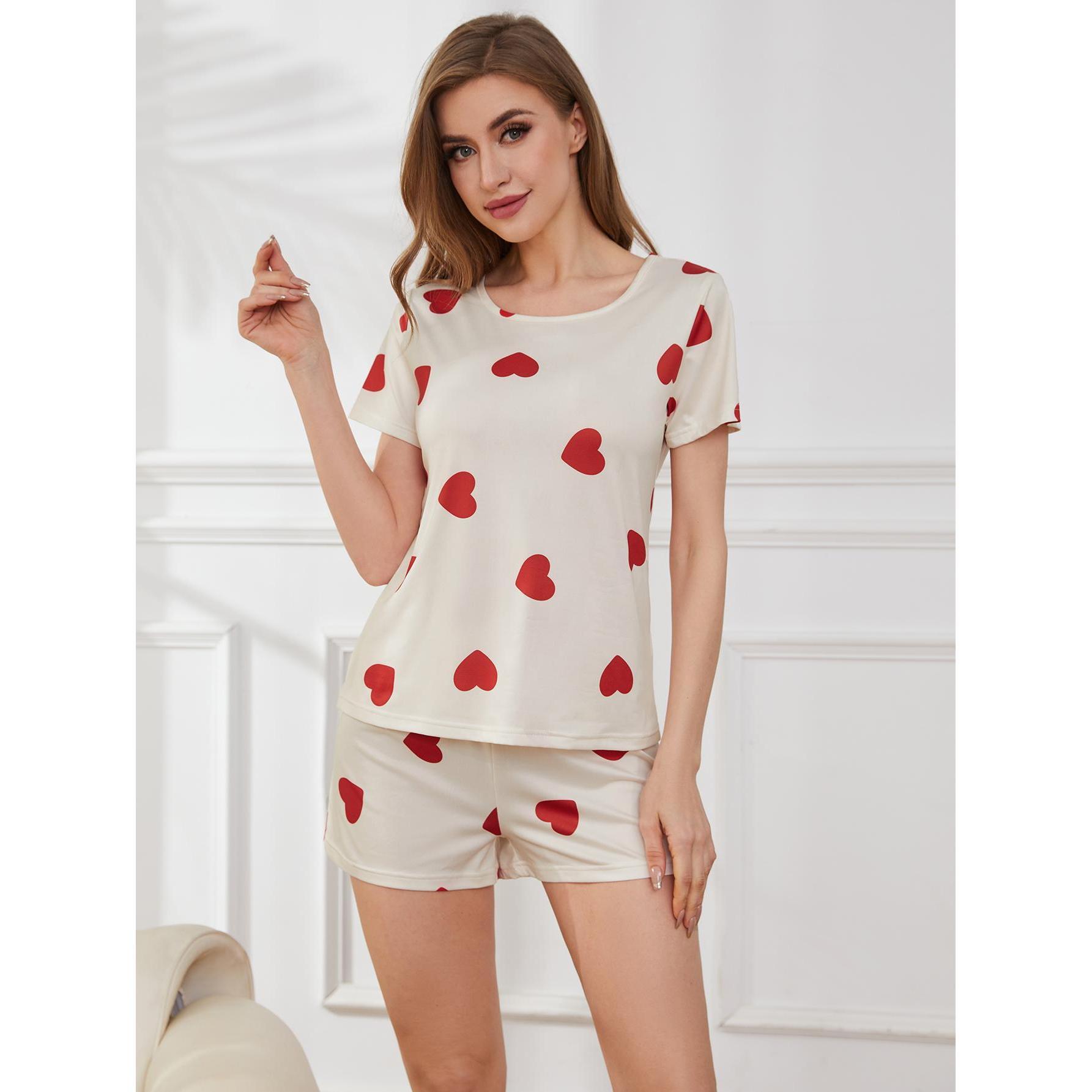 Round Neck Love Print Pajamas Set Women Lounge Nightgown Pajamas Sleeping Suits